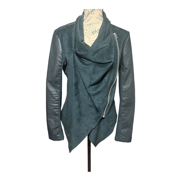 BlankNYC Draped Cowl Neck Moto Jacket Green Faux Leather Asymmetrical Zip Medium - Picture 5 of 9